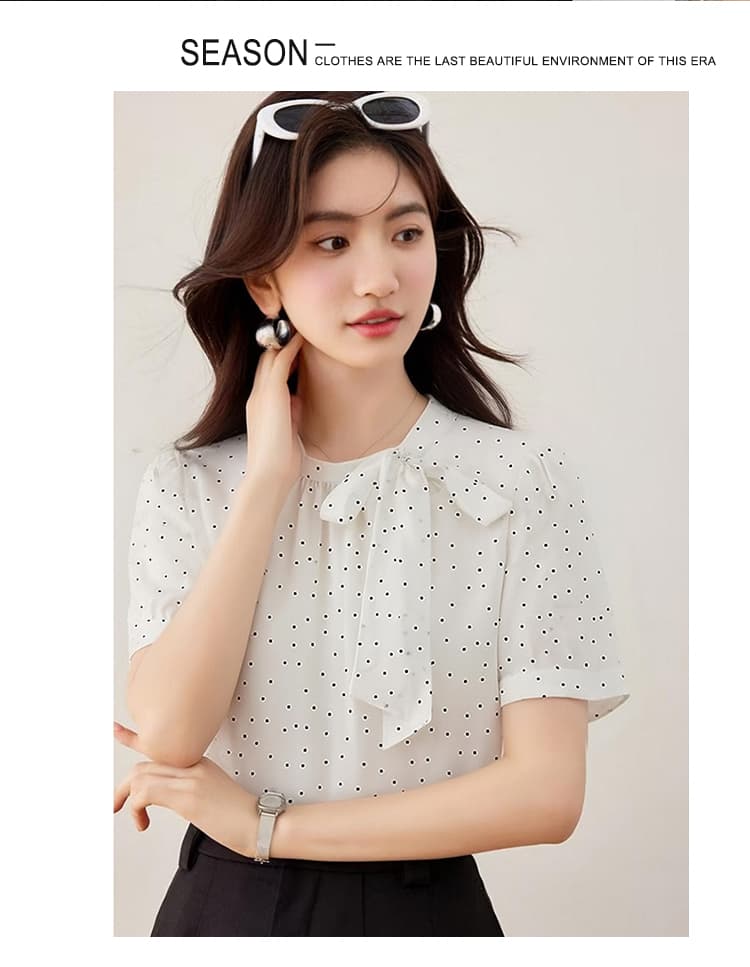 프랑스식 도트 무늬 시폰 셔츠 여성 여름 새로운 품격 출퇴근 리본 작은 스탠드 칼라 작은 셔츠 맨위 상세 이미지 3