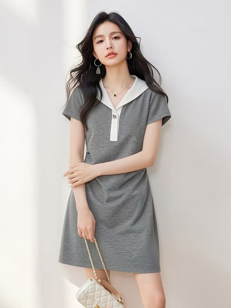 학원 스타일 해군 칼라 회색 반팔 드레스 아이들 여름 2026 새로운 작은 키 허리 수축 슬림해 보이는 미니 스커트 이미지 4