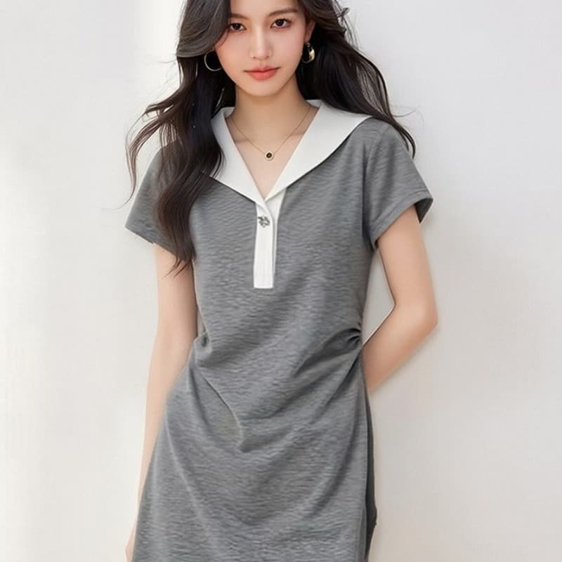 학원 스타일 해군 칼라 회색 반팔 드레스 아이들 여름 2026 새로운 작은 키 허리 수축 슬림해 보이는 미니 스커트 이미지 5