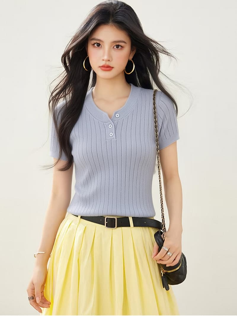 한 부서 몸매 가꾸기 인사이드 가져 가라. 풀오버 니트 반팔 티셔츠 여성 여름 디자인 센스 몸매 가꾸기 슬림해 보이는 맨위