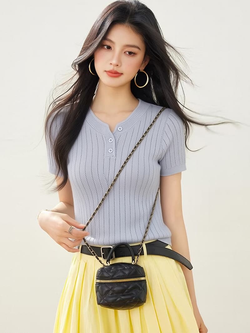 한 부서 몸매 가꾸기 인사이드 가져 가라. 풀오버 니트 반팔 티셔츠 여성 여름 디자인 센스 몸매 가꾸기 슬림해 보이는 맨위 이미지 3