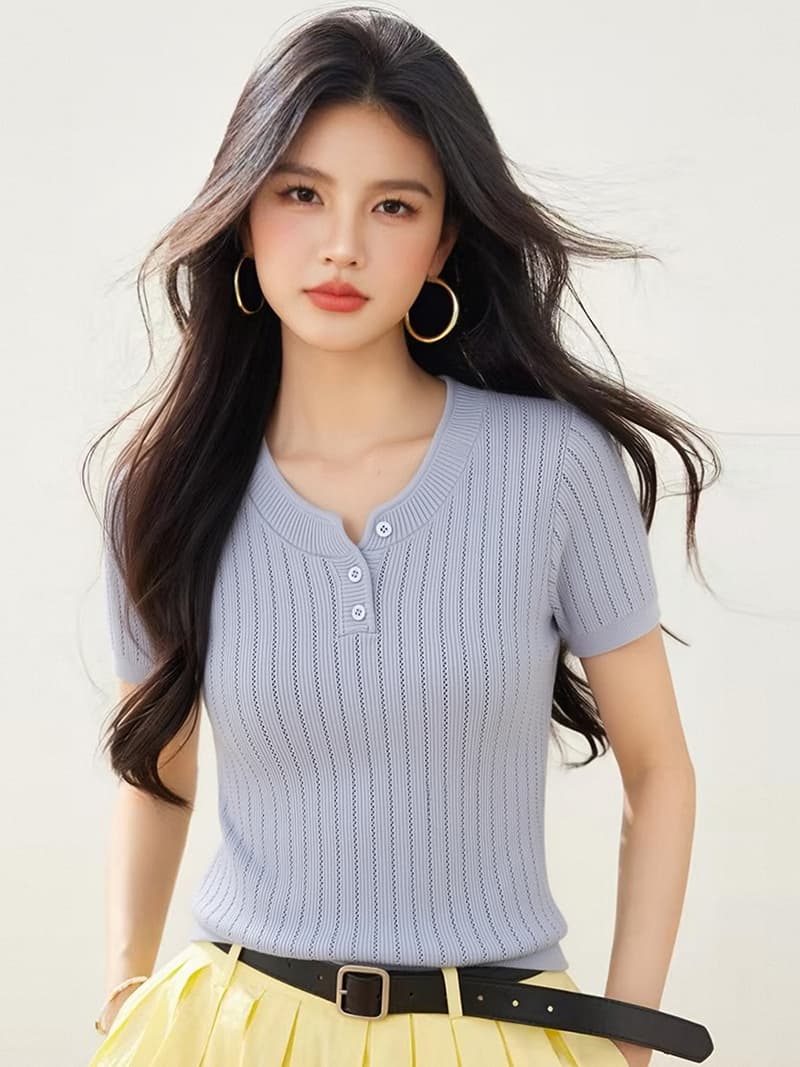 한 부서 몸매 가꾸기 인사이드 가져 가라. 풀오버 니트 반팔 티셔츠 여성 여름 디자인 센스 몸매 가꾸기 슬림해 보이는 맨위 상세 이미지 1