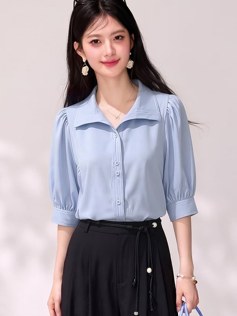 실사 있음 2026 여름 섹션 홍콩 느낌 레트로 품격 거품 소매 쉬폰 셔츠 루즈핏 슬림해 보이는 맨위 이미지 3