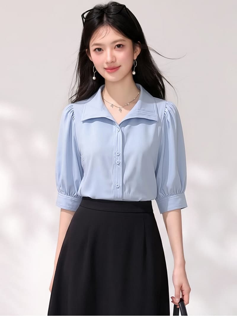 실사 있음 2026 여름 섹션 홍콩 느낌 레트로 품격 거품 소매 쉬폰 셔츠 루즈핏 슬림해 보이는 맨위 상세 이미지 5