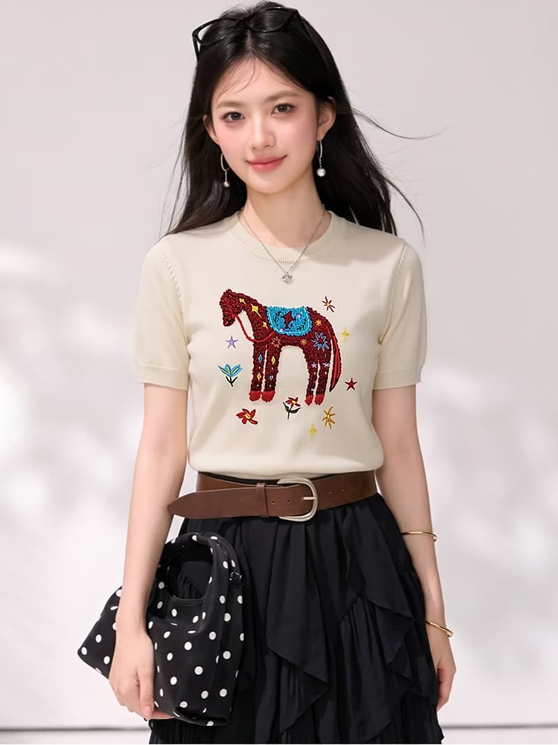 2026 새로운 달콤함 레트로 라운드 넥 자수 인사이드 가져 가라. 니트 스웨터 반팔 여성 이미지 2