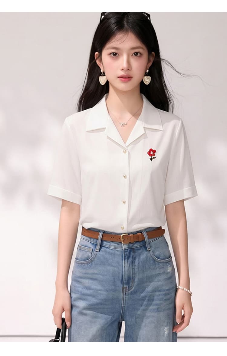 실사 있음 2026 여름 섹션 프랑스식 미니멀리즘 정장 칼라 자수 여성 셔츠 표지 배 작은 대중 출퇴근 맨위 상세 이미지 6