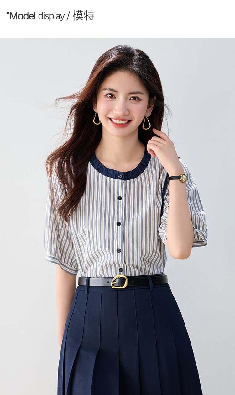 캐주얼 예 배색 스트라이프 반팔 여성 셔츠 2026 여름 새로운 루즈핏 라운드 넥 순면 맨위 상세 이미지 3