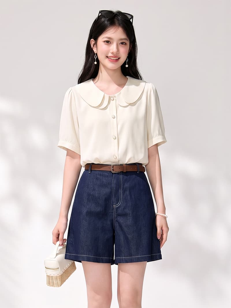 실사 2026 여름 레트로 베이비 칼라 달콤함 귀여운 폴로 칼라 셔츠 경력 반팔 맨위 이미지 2