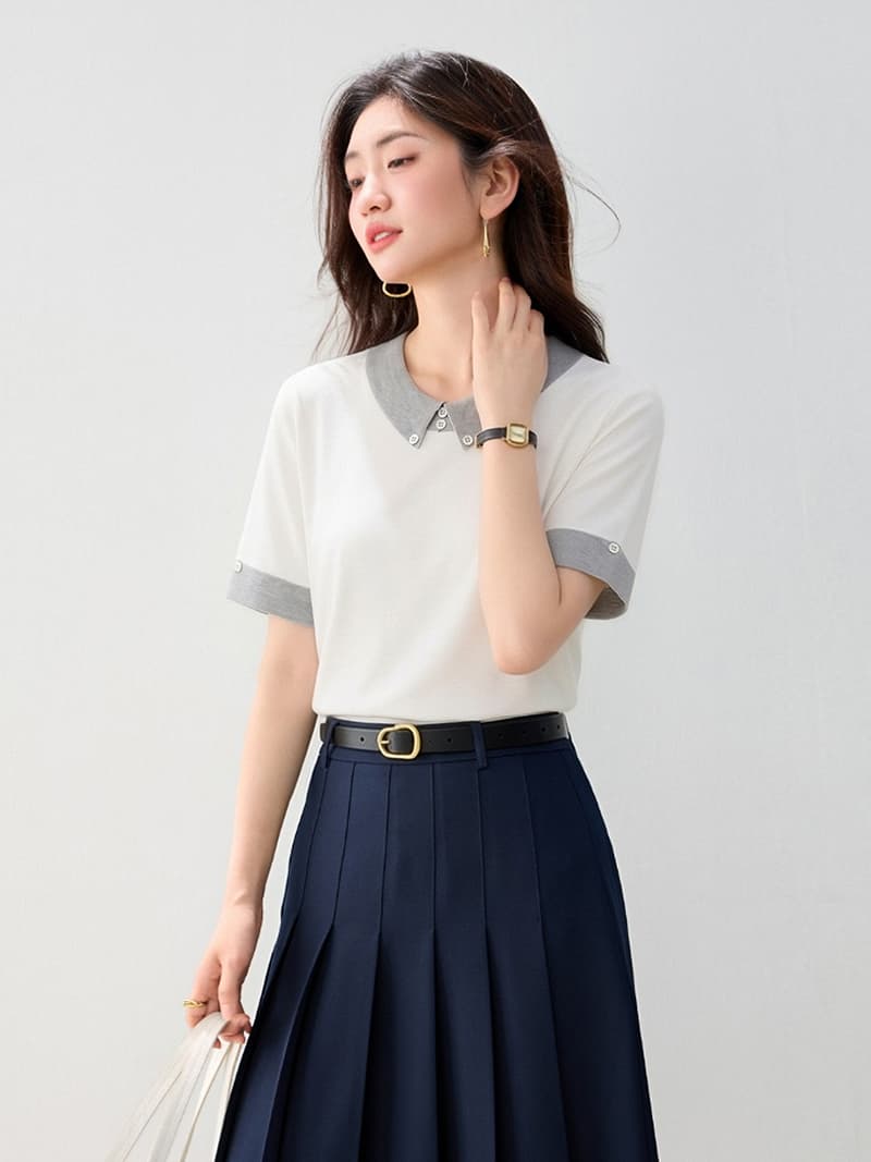 프랑스식 미니멀리즘 배색 POLO 칼라 니트 반팔 티셔츠 여성 디자인 센스 품격 다용도 폴로 칼라 니트 스웨터 맨위 이미지 3