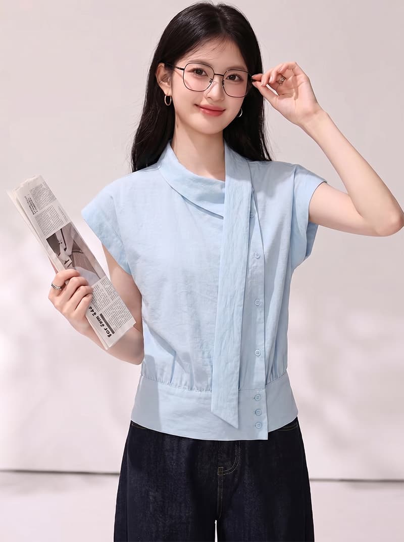 불규칙 민소매 리본 디자인 噶 센스 셔츠 여성 2026 여름 새로운 부드러운 품격 슬림해 보이는 맨위 상세 이미지 1
