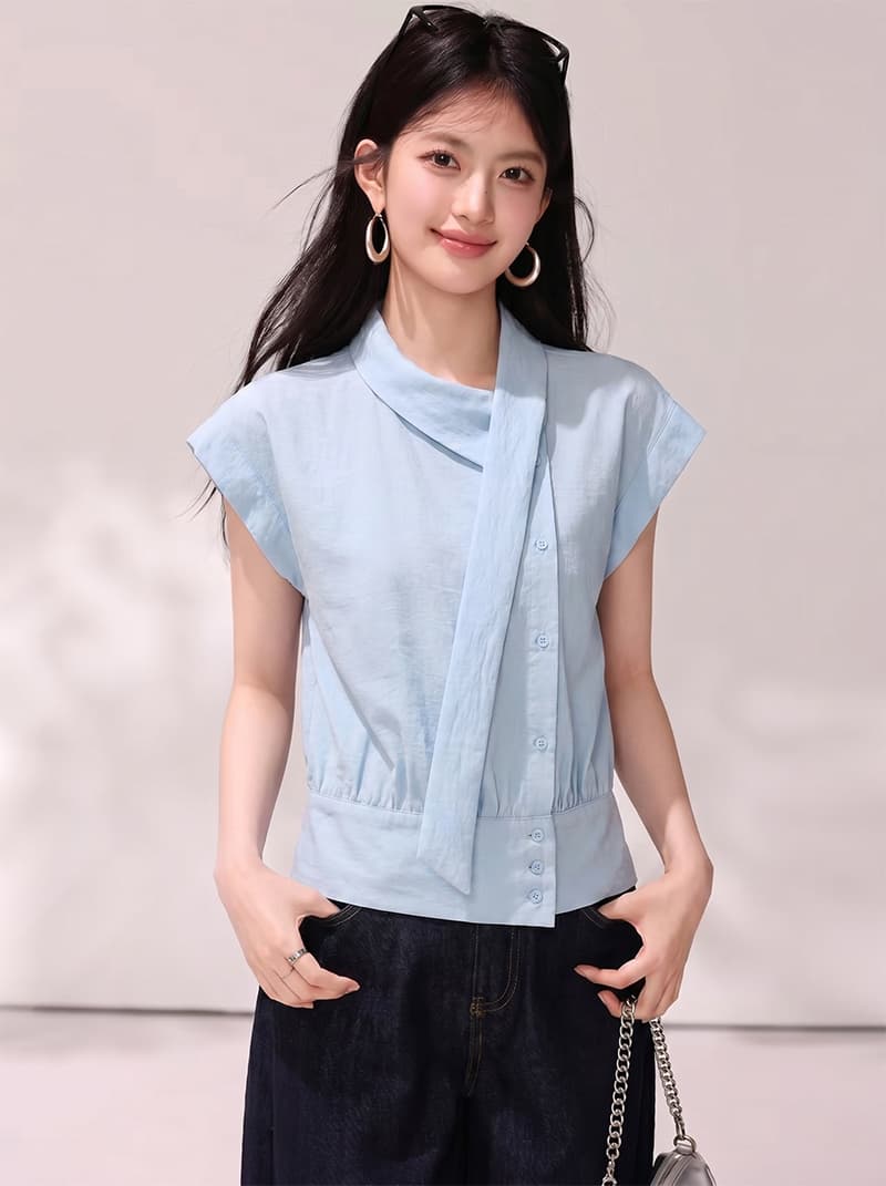 불규칙 민소매 리본 디자인 噶 센스 셔츠 여성 2026 여름 새로운 부드러운 품격 슬림해 보이는 맨위 상세 이미지 2
