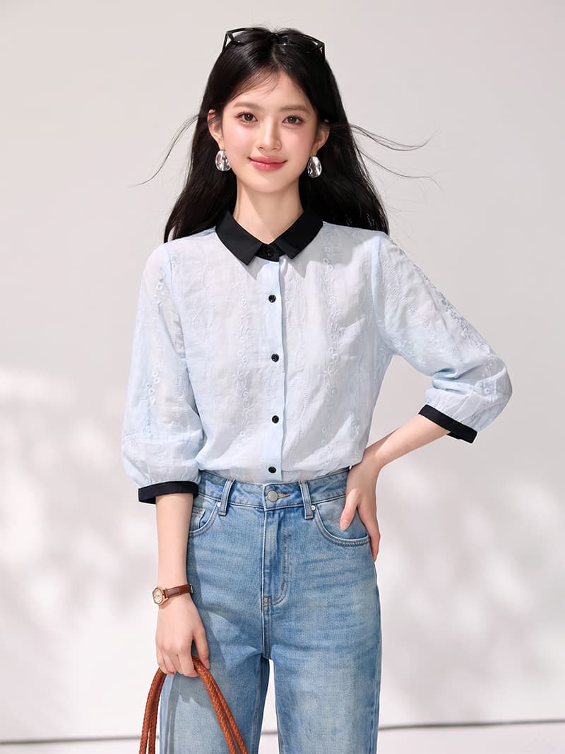 고급 센스 배색 폴로 칼라 자수 여성 셔츠 2026 여름 새로운 연령 감소 7부 소매 맨위 상세 이미지 3