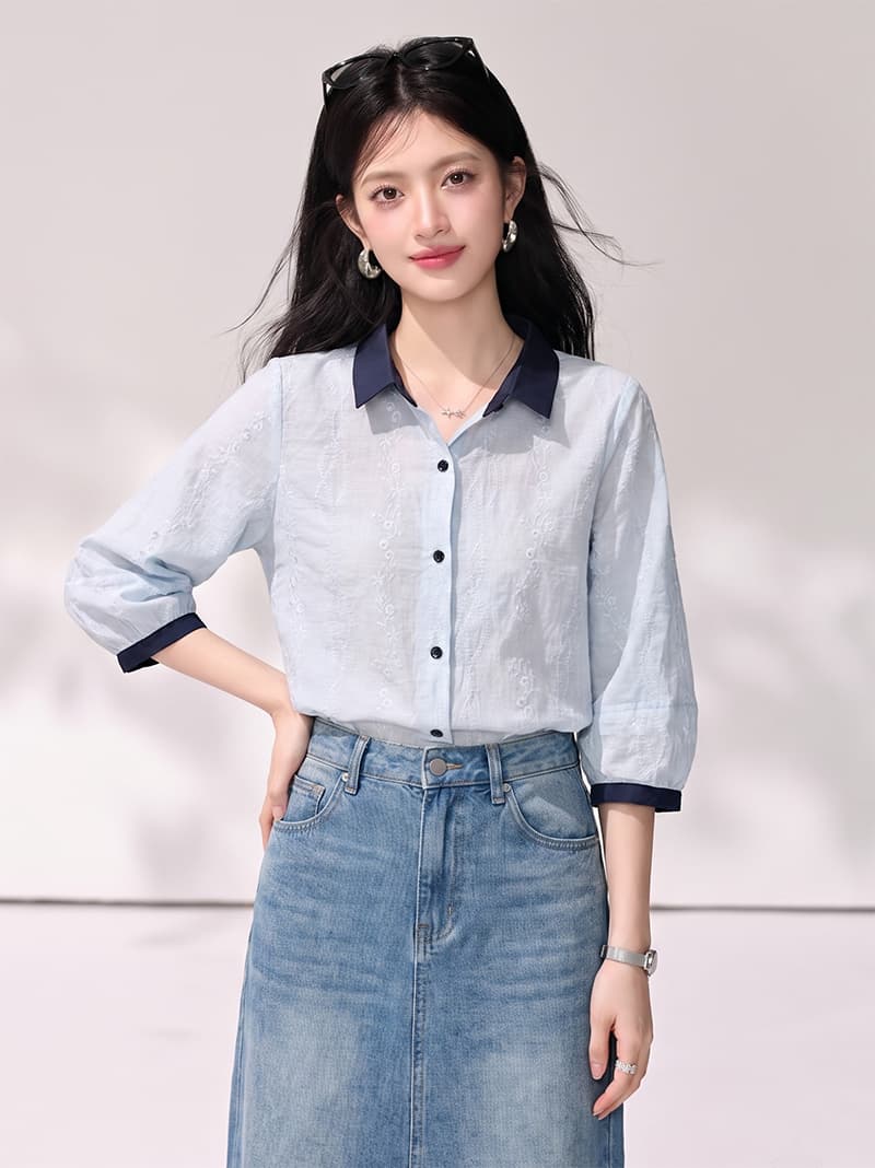 고급 센스 배색 폴로 칼라 자수 여성 셔츠 2026 여름 새로운 연령 감소 7부 소매 맨위 상세 이미지 5