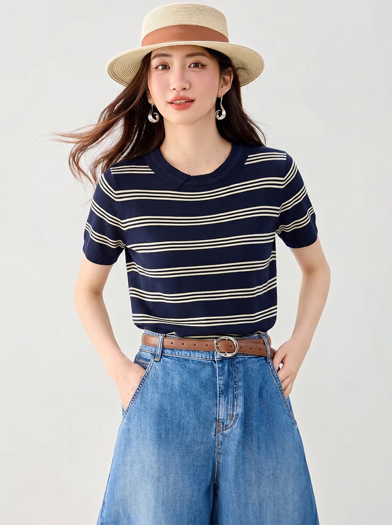 얇은 스타일 통기성 스트라이프 니트 POLO 칼라 반팔 여성 2026 년 여름 새로운 출퇴근 바람 품격 미니멀리즘 맨위 상세 이미지 2