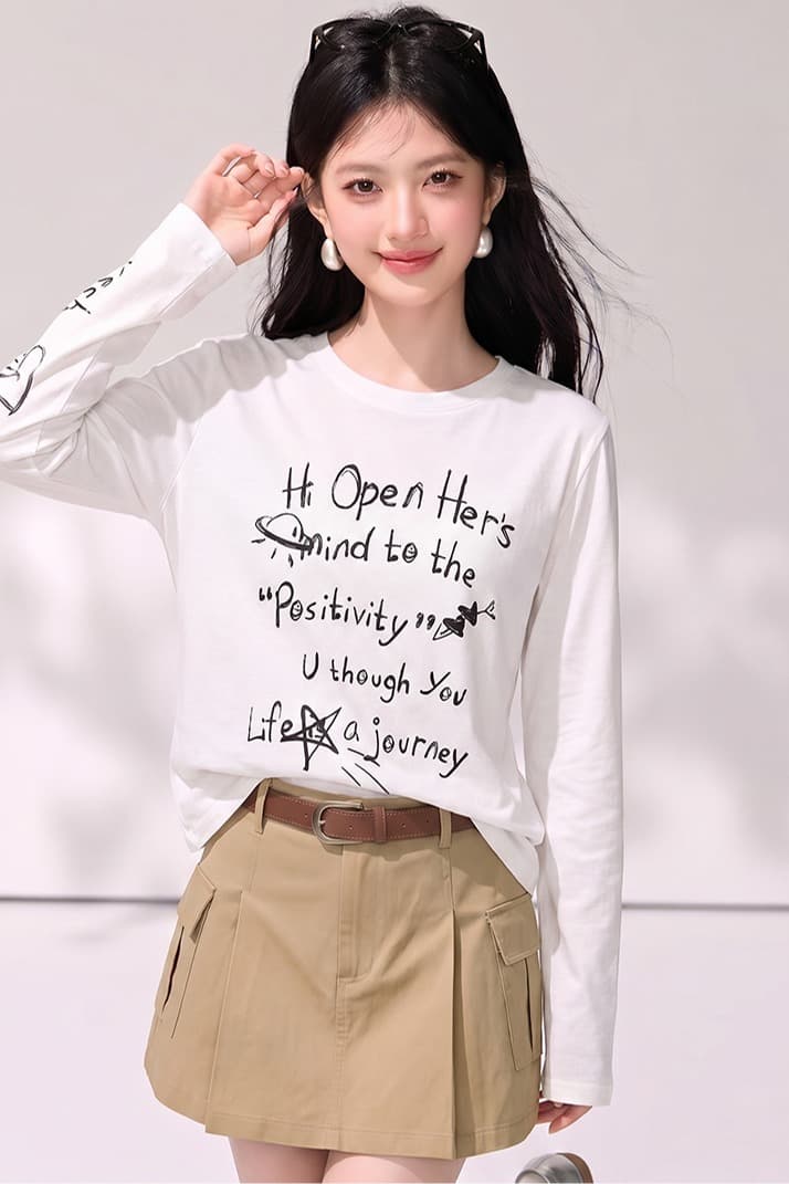 실사 있음 2026 봄 새로운 낙서 어린 소녀 한국 스타일 화이트 프린트 긴팔 맨위 이미지 5