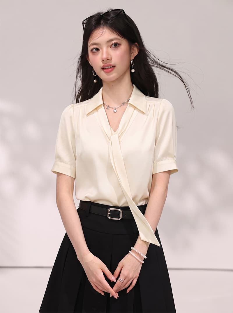 실사 있음 2026 여름 섹션 V넥 반팔 거품 소매 Chic 리본 단색 품격 작은 대중 맨위 상세 이미지 6