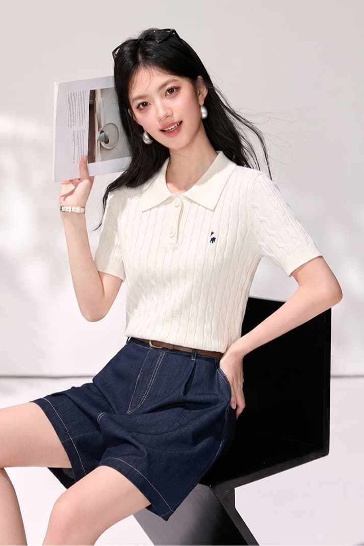 2026 여름 새로운 POLO 칼라 니트 얇은 스타일 반팔 여성 프랑스식 레트로 단색 맨위 이미지 4