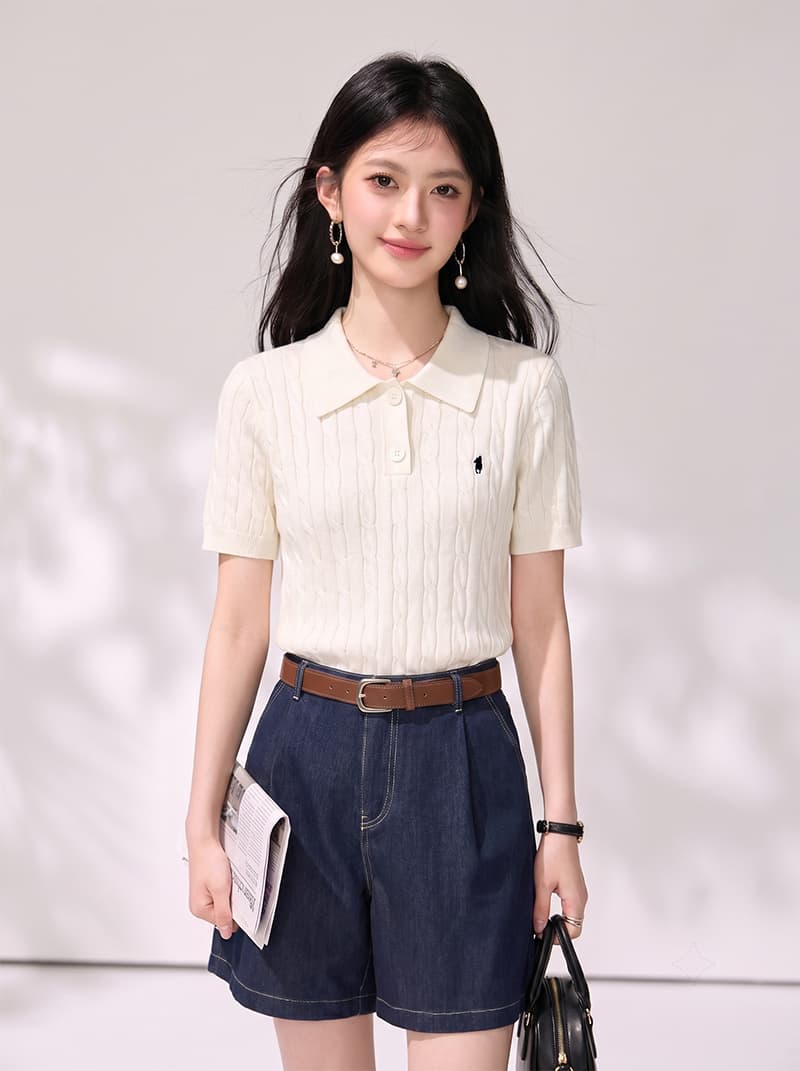 2026 여름 새로운 POLO 칼라 니트 얇은 스타일 반팔 여성 프랑스식 레트로 단색 맨위 상세 이미지 4