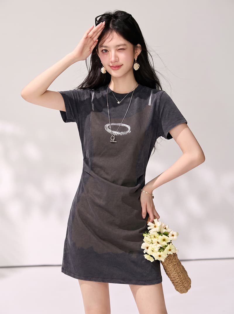 실사 있음 2026 여름 새로운 프린트 티셔츠 치마 디자인 센스 작은 대중 반팔 miu 부서 테니스 드레스 이미지 4