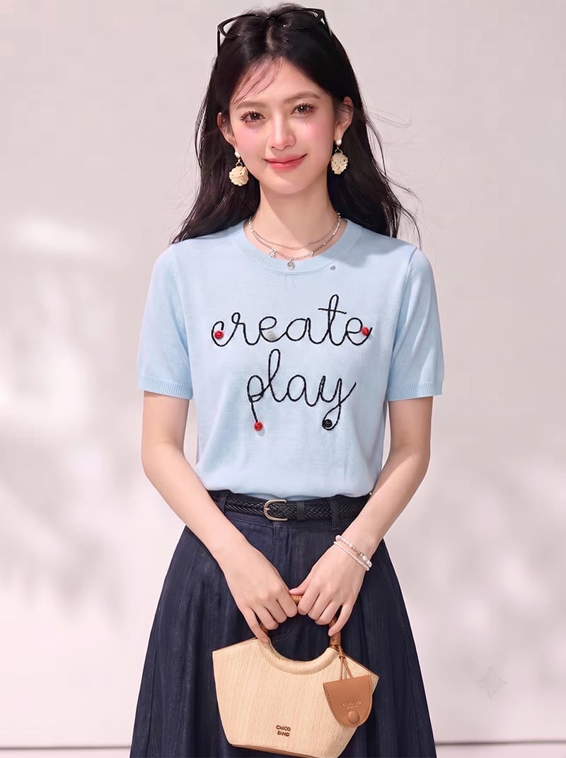 실사 부드러운 부서 품격 여성 의류 반팔 맨위 2026 년 여름 새로운 풀오버 라운드 넥 티셔츠 니트 스웨터 이미지 2