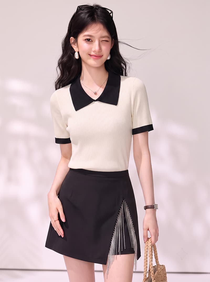 실사 있음 2026 여름 새로운 배색 POLO 칼라 얼음 실크 반팔 티셔츠 니트 스웨터 연령 감소 맨위 이미지 3
