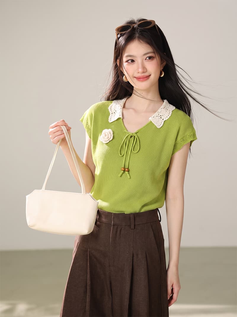여름 고유 한 Chic 디자인 센스 슬림해 보이는 베이비 칼라 홀로우 아웃 니트 반팔 루즈핏 다용도 품격 연령 감소 맨위 상세 이미지 2