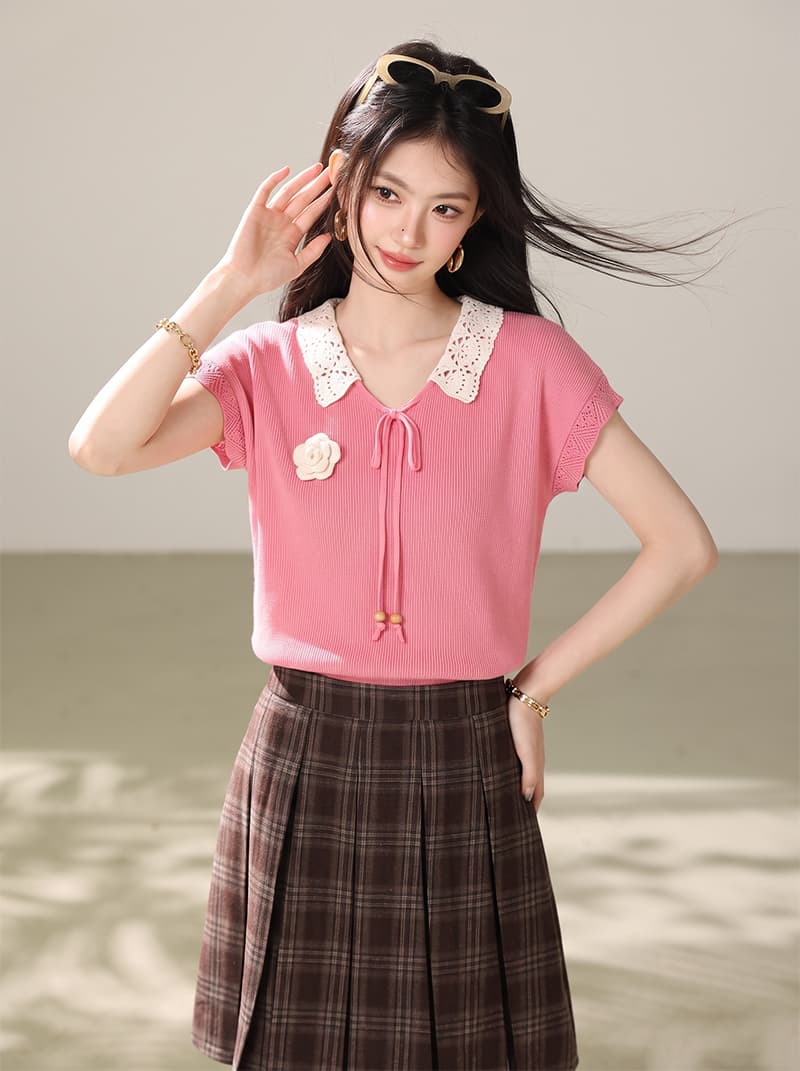 여름 고유 한 Chic 디자인 센스 슬림해 보이는 베이비 칼라 홀로우 아웃 니트 반팔 루즈핏 다용도 품격 연령 감소 맨위 상세 이미지 5