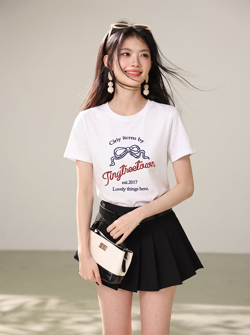 실사 2026 여름 새로운 레트로 나비 매듭 영어 알파벳 프린트 화이트 티셔츠 반팔 슬림해 보이는 마이크로 폭탄 상세 이미지 6