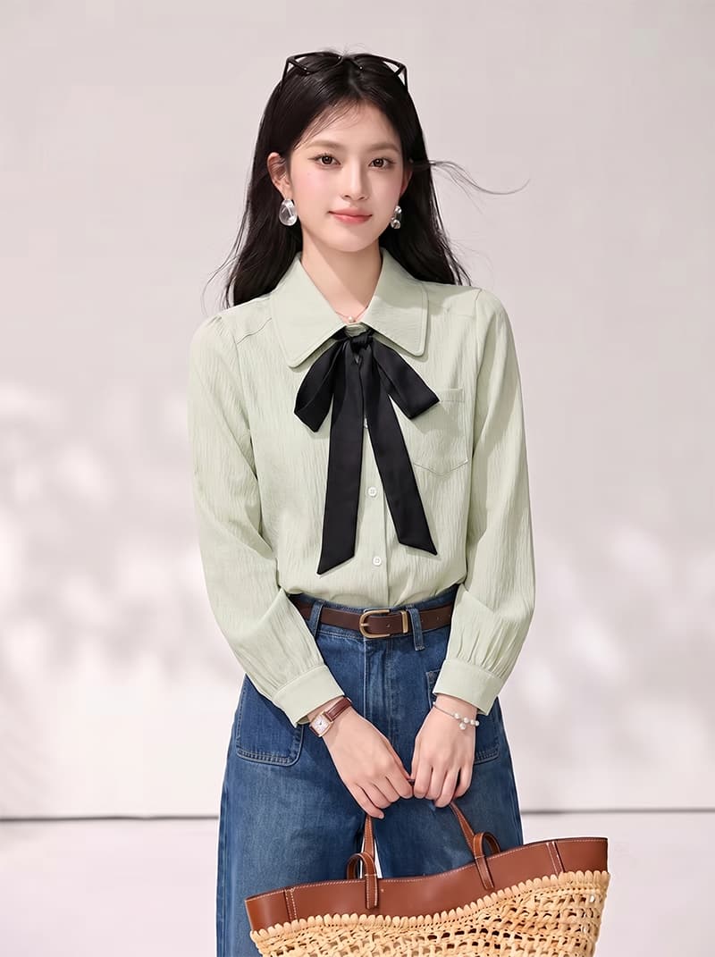 실사 2026 가을 품격 연령 감소 박하 남자 웨이브 학원 스타일 긴팔 리본 셔츠 이미지 4