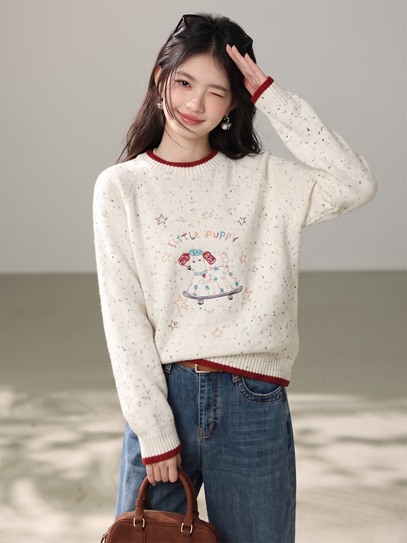 강아지 자수 스웨터 여자 디자인 센스 느긋한 라운드 넥 두꺼운 니트 스웨터 상세 이미지 3