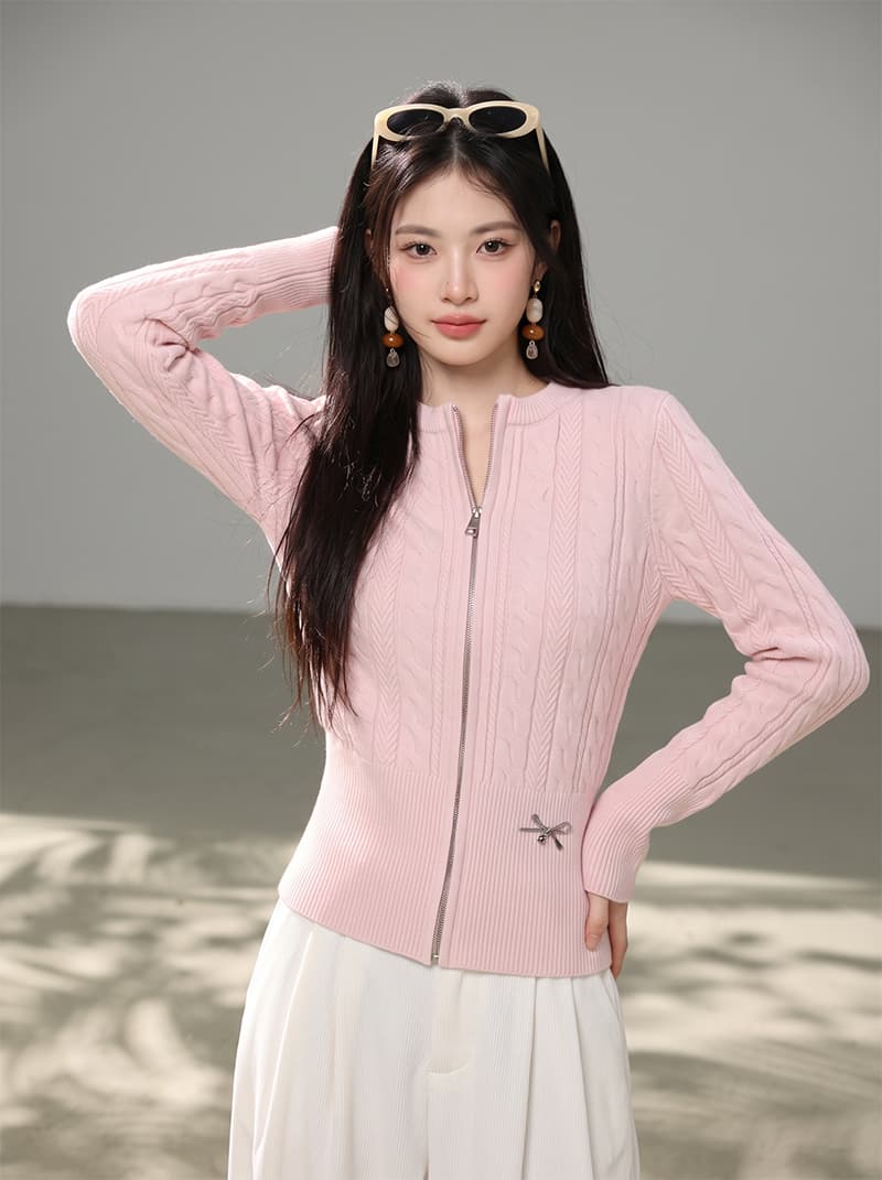 2026 한 부서 핑크색 라운드 넥 꽈배기 니트 스웨터 오픈 가디건 여성 여름 캐주얼 몸매 가꾸기 맨위 상세 이미지 4