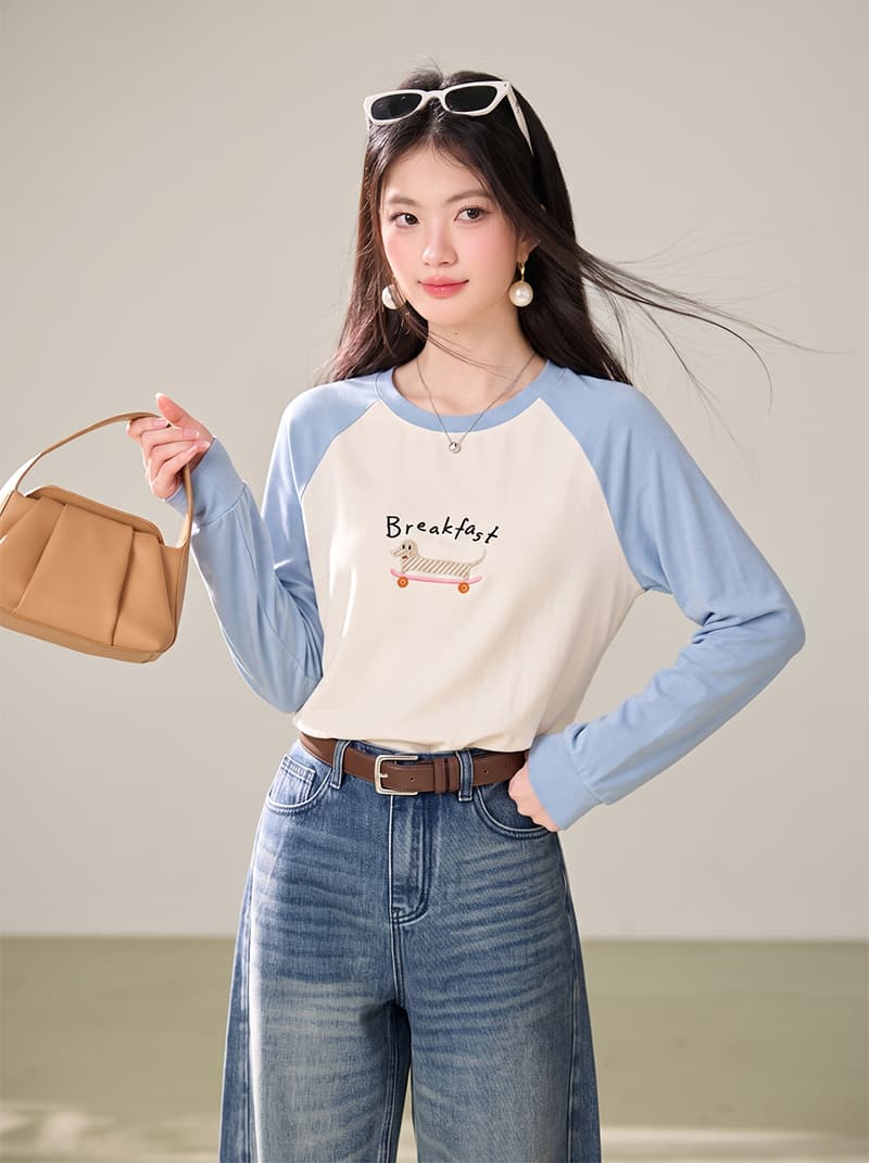 실사 2026 가을 자수 삽입 어깨 소매 패치워크 색상 티셔츠 라운드 넥 슬림해 보이는 맨위 이미지 2