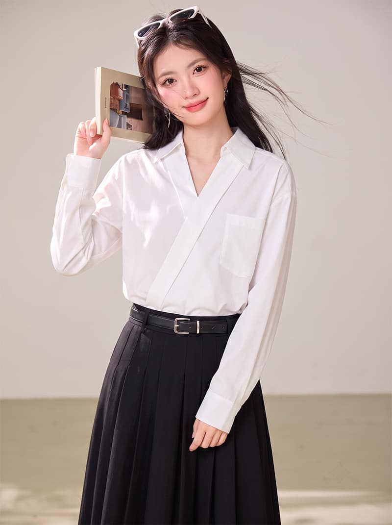 실사 2026 가을 새로운 미니멀리즘 다용도 출퇴근 V넥 비스듬한 문 쪽 작은 대중 디자인 센스 경력 캐주얼 맨위 이미지 4