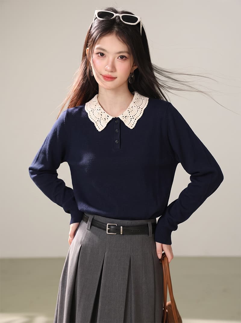 2026 가을 섹션 레이스 베이비 칼라 니트 맨위 여성 부드러운 루즈핏 긴팔 기본 셔츠 상세 이미지 10