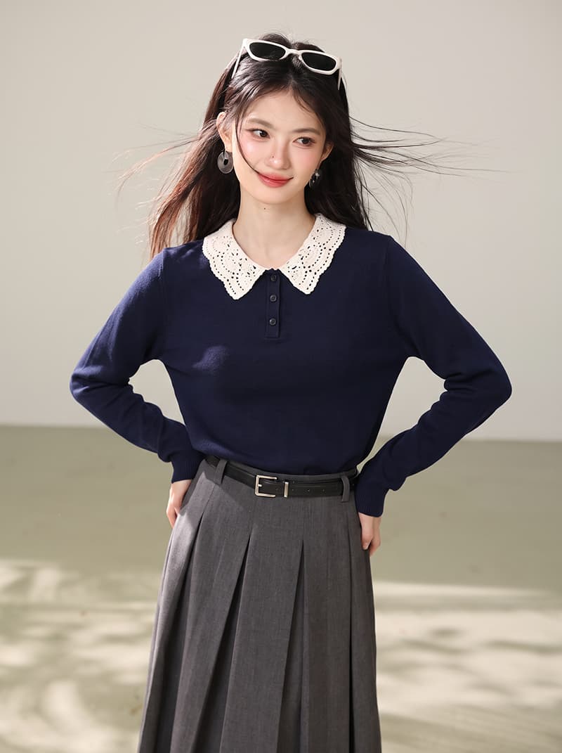 2026 가을 섹션 레이스 베이비 칼라 니트 맨위 여성 부드러운 루즈핏 긴팔 기본 셔츠 상세 이미지 11