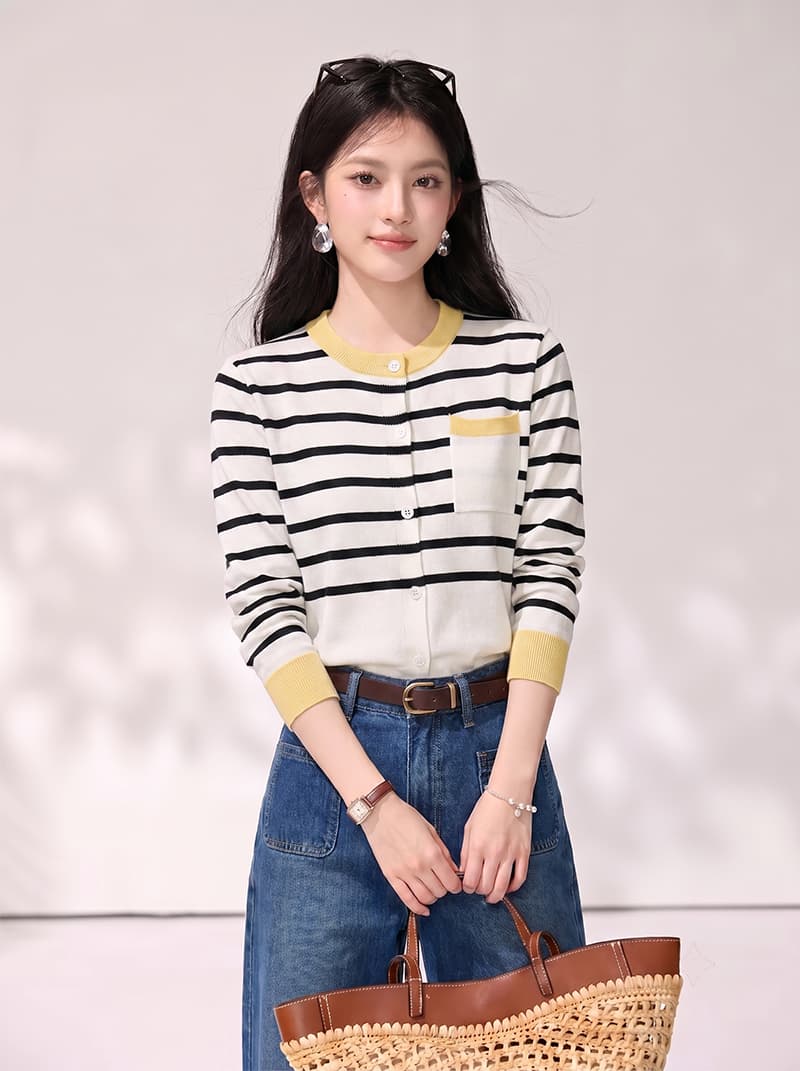 배색 스트라이프 긴팔 니트 스웨터 여성 2026 가을 새로운 다용도 슬림해 보이는 오픈 가디건 캐주얼 맨위 상세 이미지 5