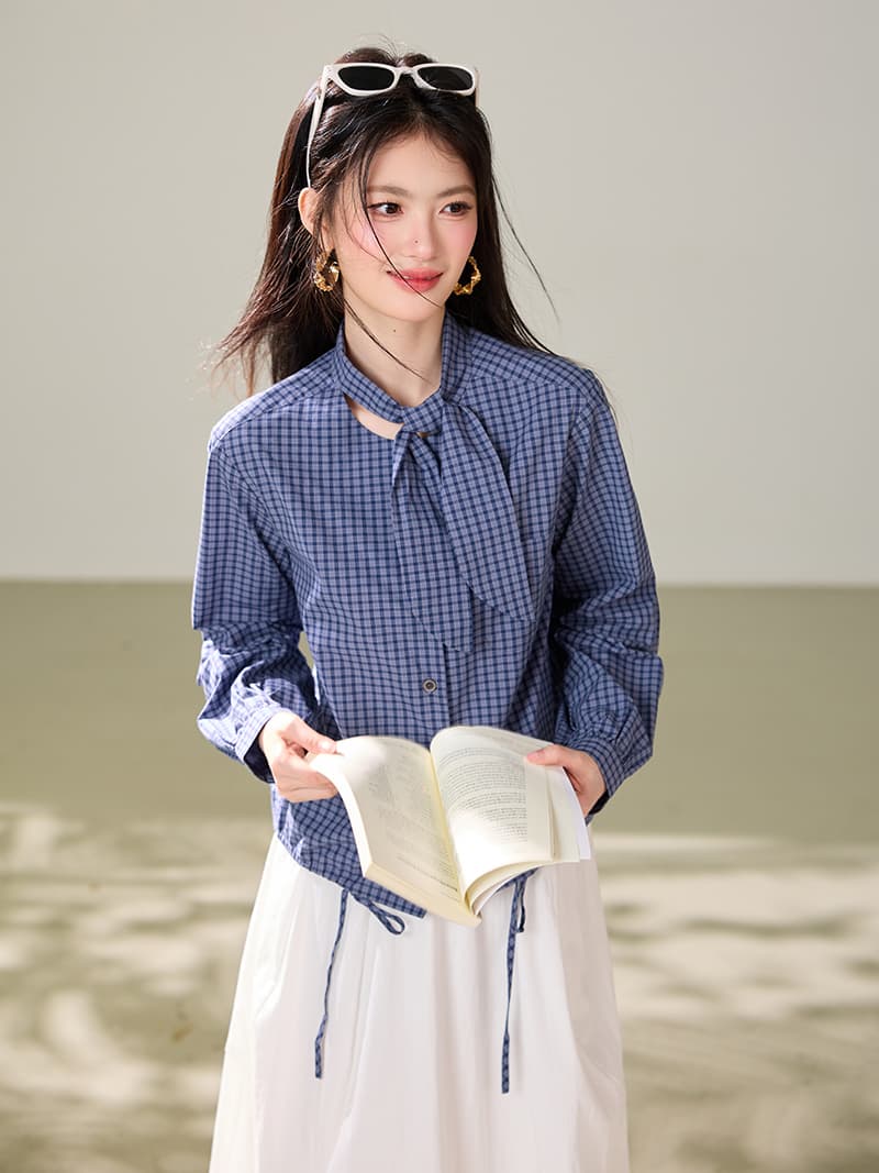 파란색 체크무늬 여성 셔츠 2026 가을 새로운 레이스업 긴팔 셔츠 캐주얼 다용도 맨위 트렌디 이미지 3