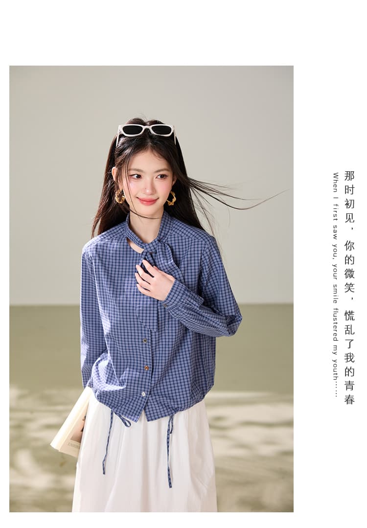 파란색 체크무늬 여성 셔츠 2026 가을 새로운 레이스업 긴팔 셔츠 캐주얼 다용도 맨위 트렌디 상세 이미지 5