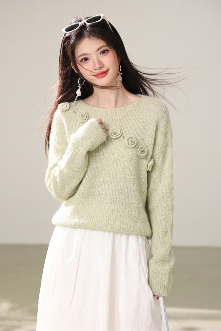 3 차원 꽃 베이지 색 니트 스웨터 여성 2026 가을 새로운 한 부서 그레이트 봐. 의류 이미지 5