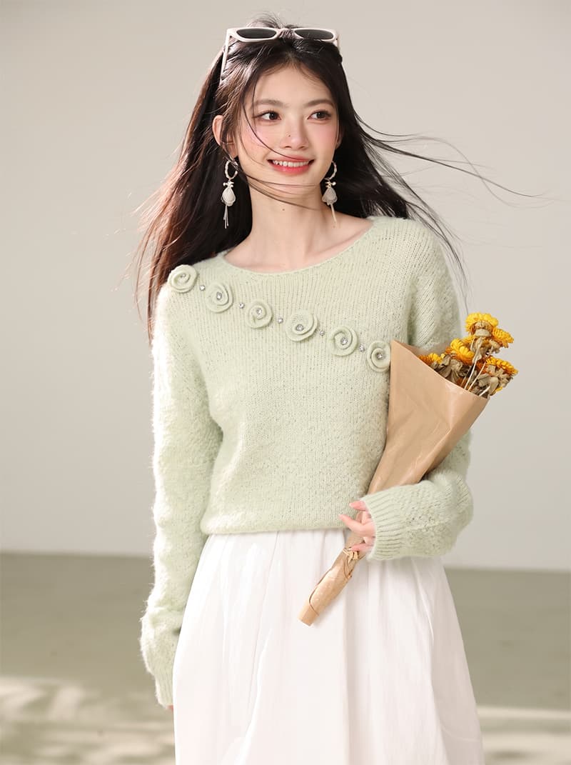 3 차원 꽃 베이지 색 니트 스웨터 여성 2026 가을 새로운 한 부서 그레이트 봐. 의류 상세 이미지 2