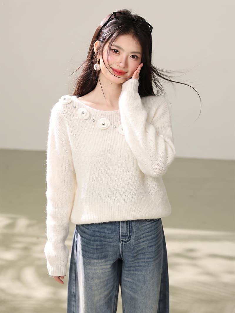 3 차원 꽃 베이지 색 니트 스웨터 여성 2026 가을 새로운 한 부서 그레이트 봐. 의류 상세 이미지 3