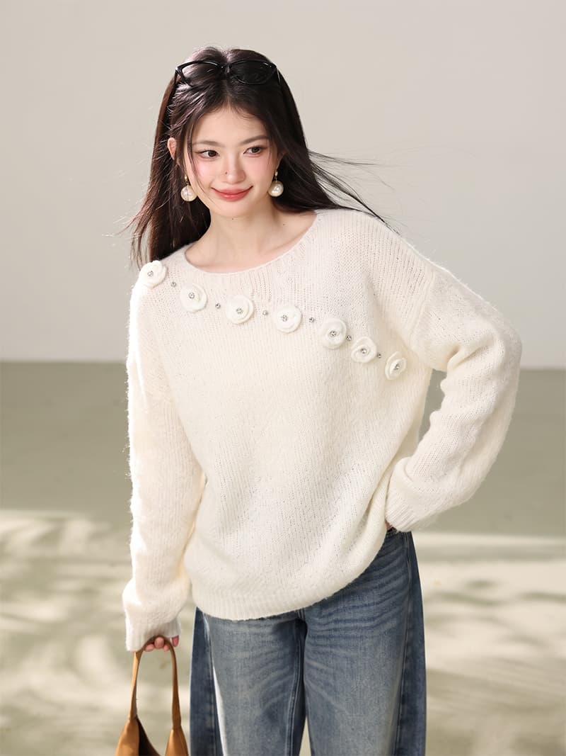 3 차원 꽃 베이지 색 니트 스웨터 여성 2026 가을 새로운 한 부서 그레이트 봐. 의류 상세 이미지 5