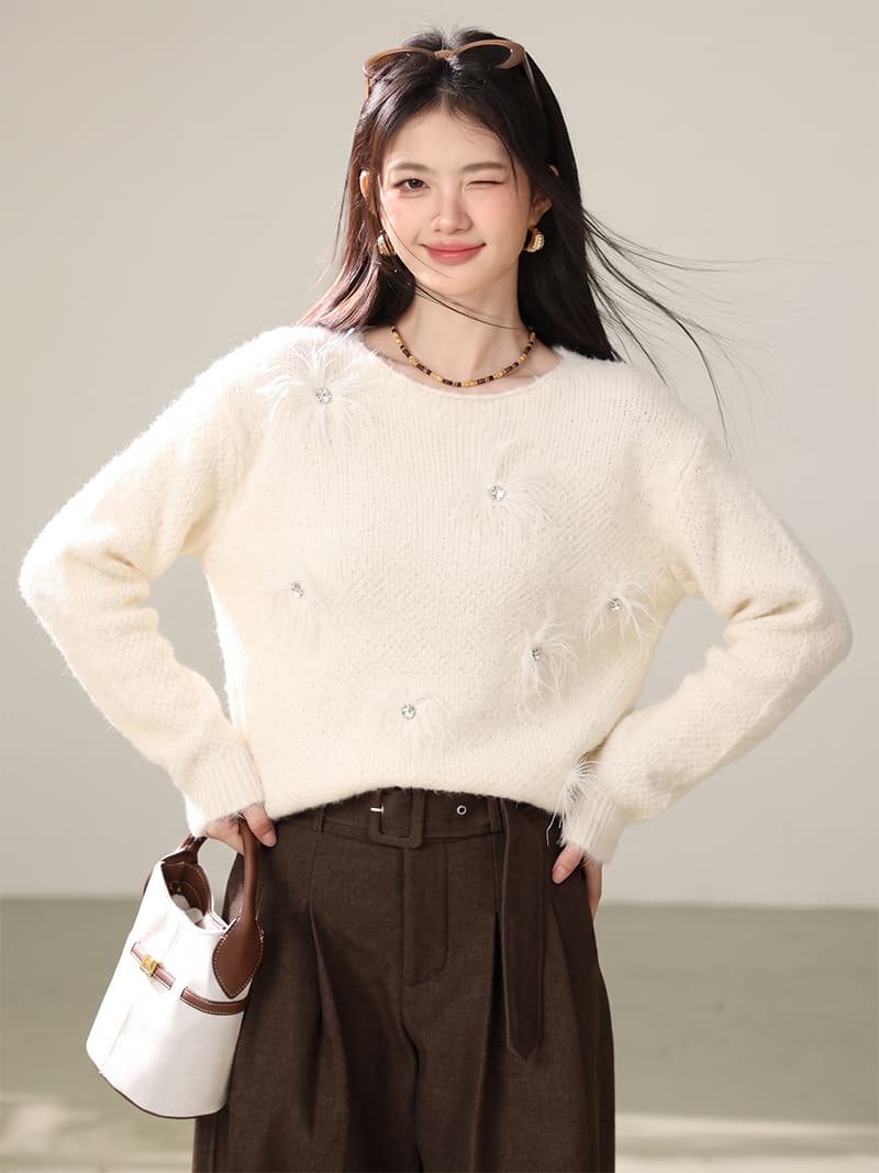 부드러운 바람 3 차원 스팽글 꽃 스웨터 여자 2026 가을 겨울 루즈핏 느긋한 바람 부드러운 찹쌀 니트 스웨터 맨위 상세 이미지 5