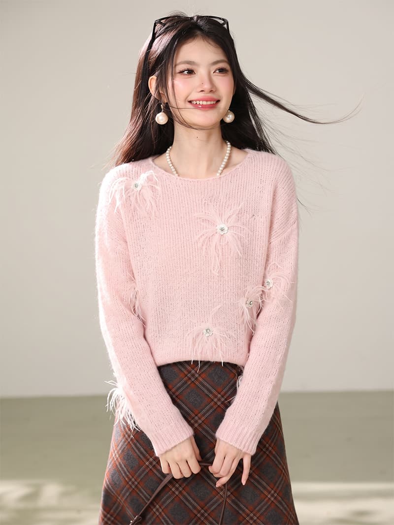 부드러운 바람 3 차원 스팽글 꽃 스웨터 여자 2026 가을 겨울 루즈핏 느긋한 바람 부드러운 찹쌀 니트 스웨터 맨위 상세 이미지 7