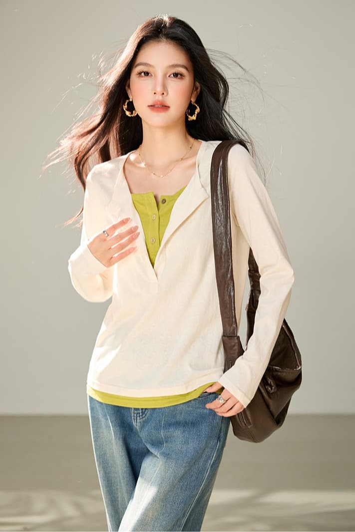 배색 패치워크 페이크 레이어드 긴팔 티셔츠 여성 2026 가을 새로운 디자인 센스 루즈핏 다용도 맨위 이미지 5