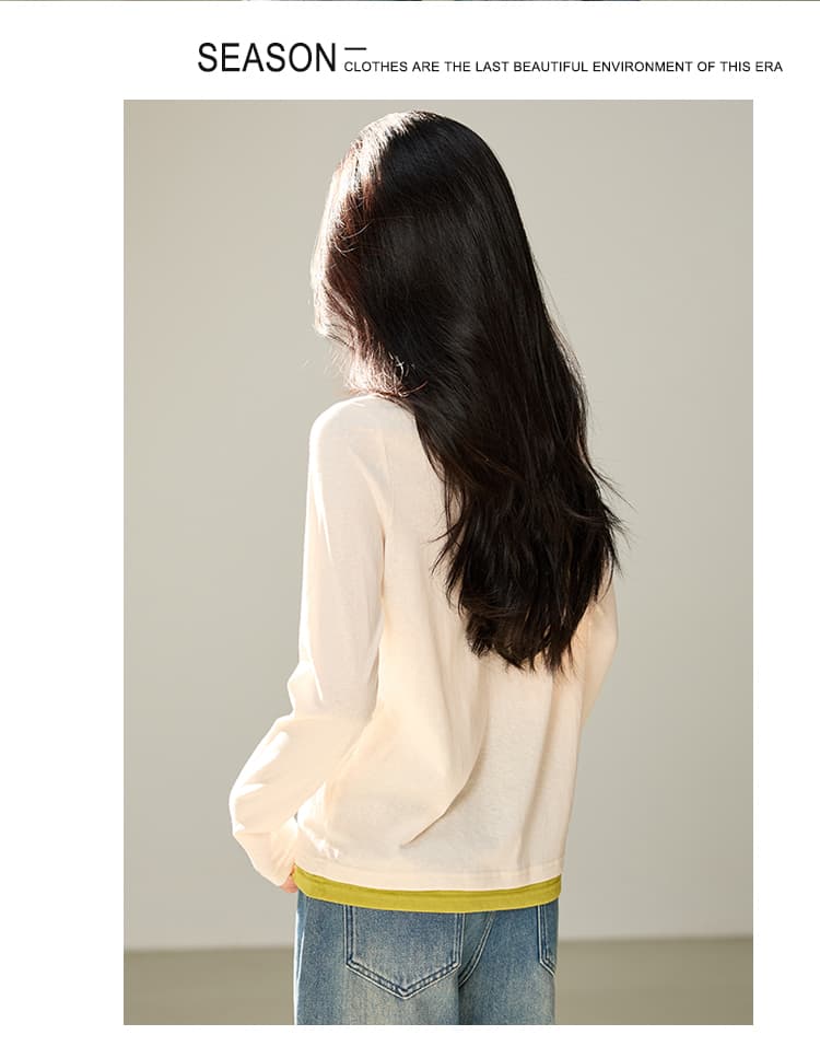 배색 패치워크 페이크 레이어드 긴팔 티셔츠 여성 2026 가을 새로운 디자인 센스 루즈핏 다용도 맨위 상세 이미지 4