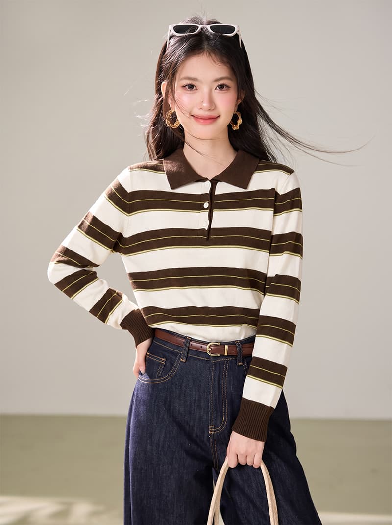 2026 법 시험 품격 폴로 칼라 배색 스트라이프 니트 스웨터 슬림해 보이는 연령 감소 다용도 긴팔 맨위