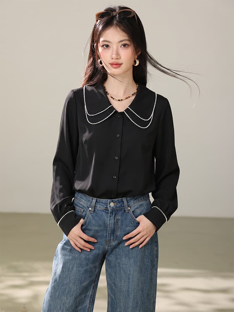 실사 2026 가을 한 부서 진주 이중층 베이비 칼라 숙녀 연령 감소 슬림해 보이는 쉬폰 톱