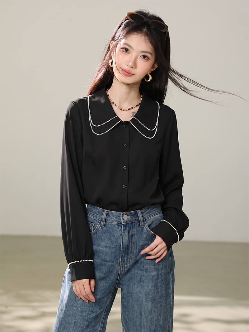 실사 2026 가을 한 부서 진주 이중층 베이비 칼라 숙녀 연령 감소 슬림해 보이는 쉬폰 톱 상세 이미지 5