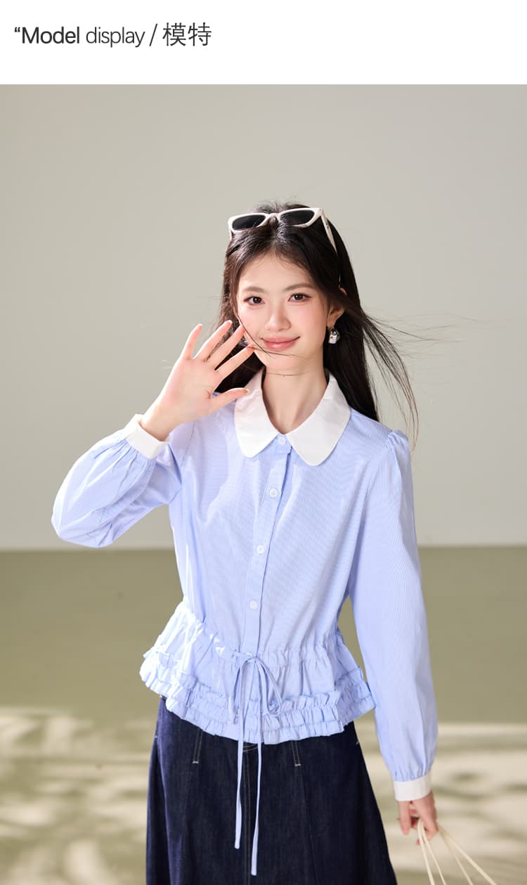실사 허리 수축 슬림해 보이는 긴팔 여성 셔츠 2026 가을 새로운 루즈핏 얇은 벨트 파란색 맨위 상세 이미지 4
